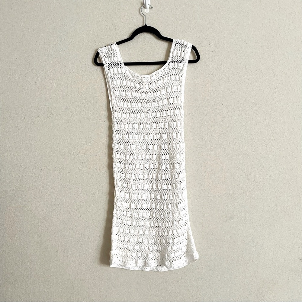 Helen Jon White Crochet Sleeveless Dress size S eyelet summer coverup beach chic